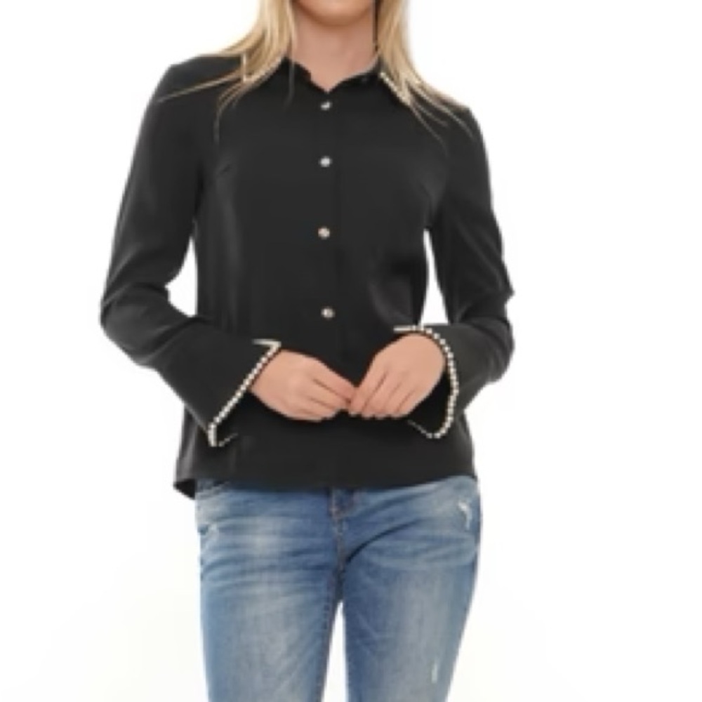 Elegant Black Button Down Shirt with Pearl Accents. Embroidered Trim Long Sleeve - Picture 2 of 2